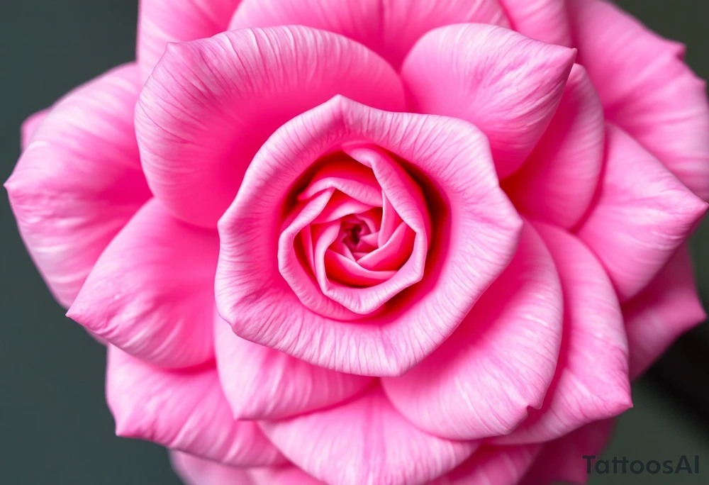 The pink rose appears as if viewed through a mesmerizing kaleidoscope, with its delicate petals radiating outward in a perfectly symmetrical, fractal-like pattern. Shades of soft blush and vibrant magenta blend seamlessly, creating a hypnotic, almost surreal visual effect that draws the eye deeper into its intricate layers. The petals seem to fold and reflect infinitely, forming geometric shapes that shift and transform, giving the rose an ethereal, dreamlike quality. tattoo idea