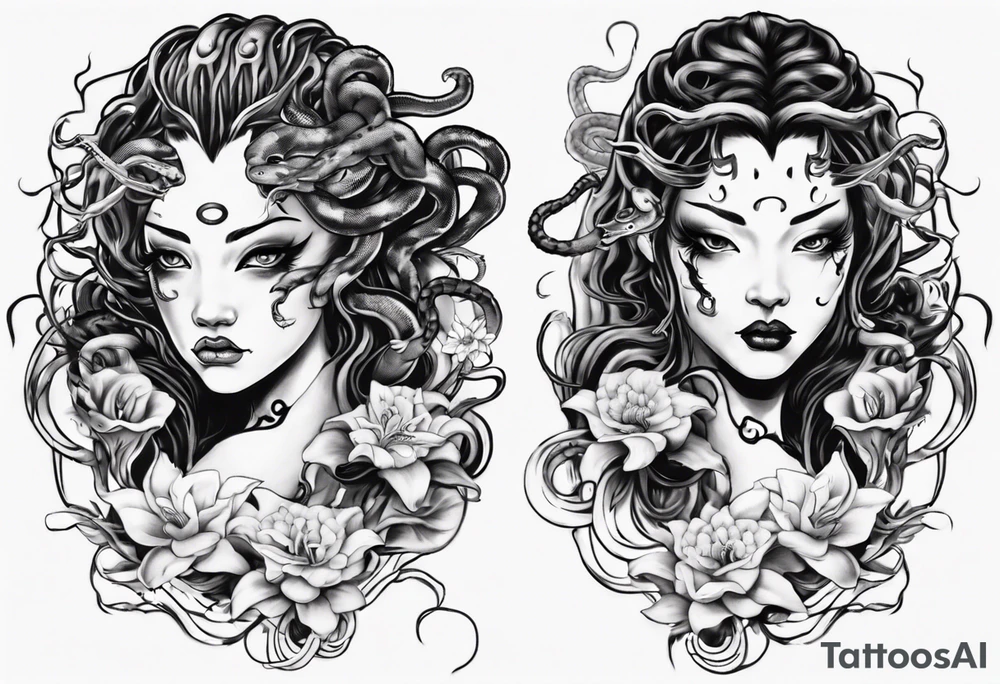 Dark/goth Medusa with white pupils and snake hair. Lilies tattoo idea