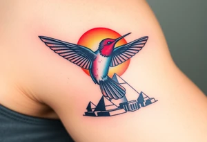 A hummingbird flying over the pyramids at sunrise(only red , blue and black are possible colors) tattoo idea