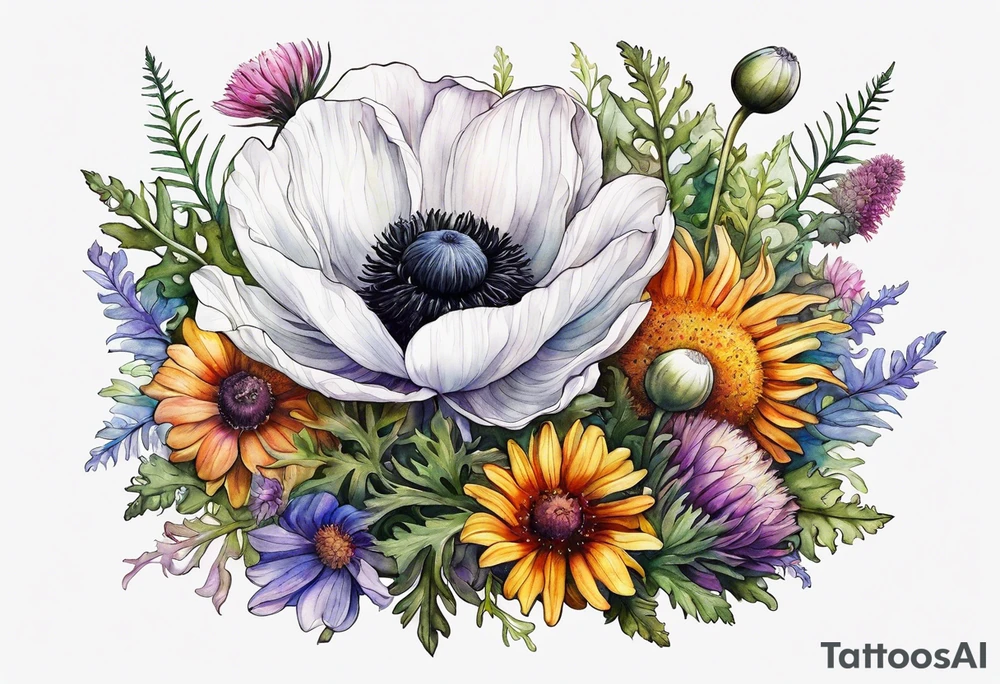 one white anemone with black center in the middle of mixed colorful wildflowers all with different shapes including thistles, ferns, ranuculus, and sun flowers all in watercolor tattoo idea