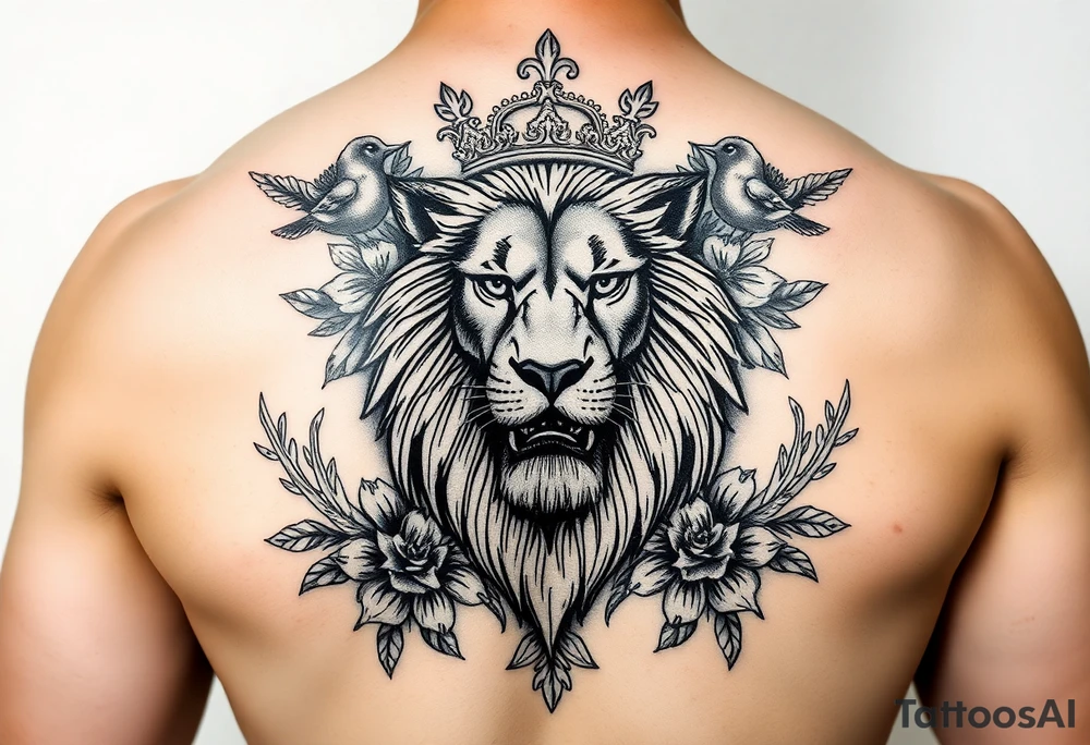 powerful majestic lion with a crown, surrounded by floral ornaments and birds tattoo idea