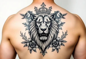 powerful majestic lion with a crown, surrounded by floral ornaments and birds tattoo idea