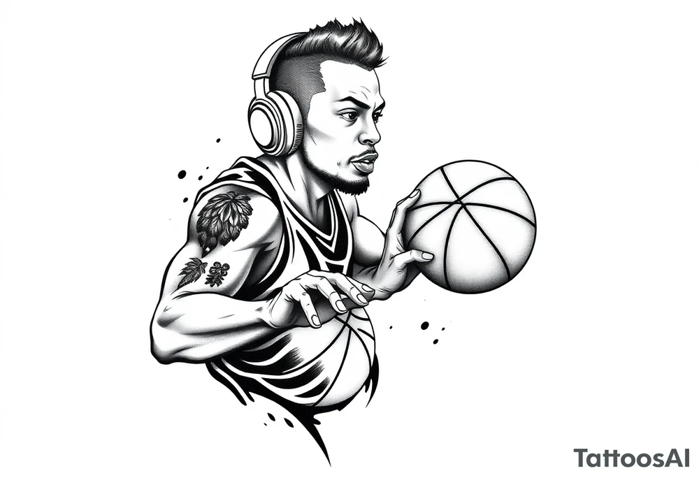 A guy dribbling a basketball with headphones on tattoo idea