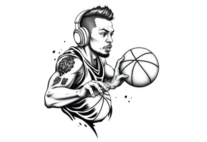 A guy dribbling a basketball with headphones on tattoo idea