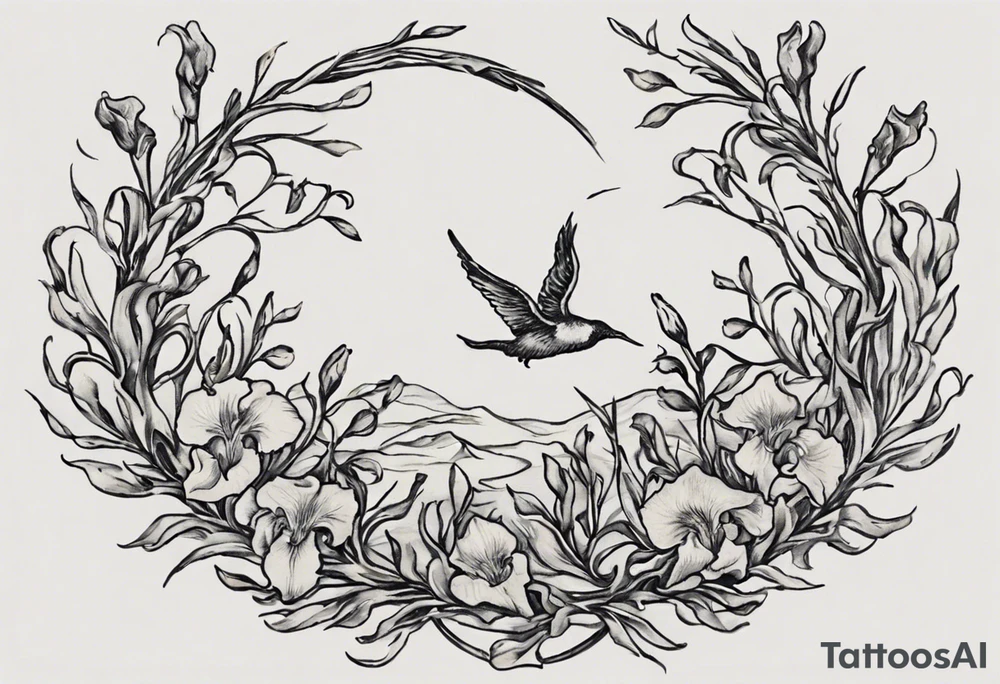 Create a small Vincent van Gogh Irises tattoo. The tattoo should take the form of a crescent, with vines gracefully intertwining at a central point in the middle of the wreath with a bird. The intended placement is on the upper chest. The overall design should be small in size while maintaining a delicate and artistic aesthetic. Pay attention to the graceful flow of the vines and the placement of the irises to achieve a refined and elegant look. tattoo idea