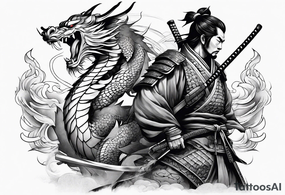Samurai with 2 dragons on arm tattoo idea