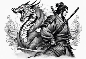 Samurai with 2 dragons on arm tattoo idea
