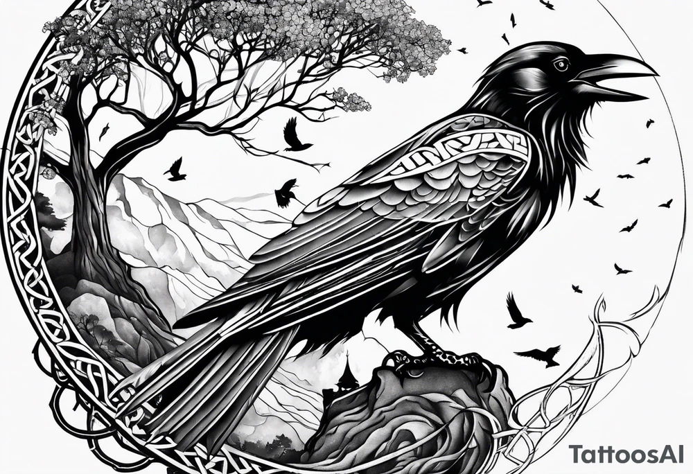 world tree with a cat and a raven and knotwork upper arm tattoo tattoo idea