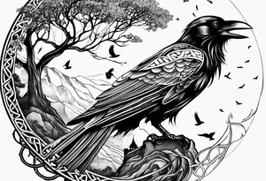 world tree with a cat and a raven and knotwork upper arm tattoo tattoo idea
