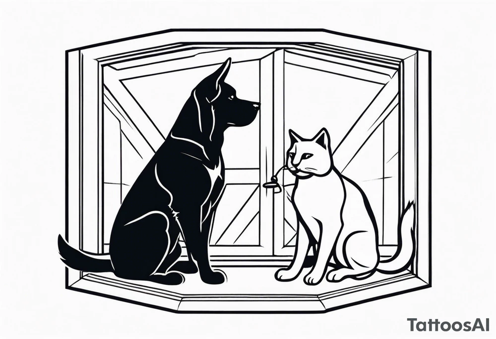 dog and cat sitting on floor and looking out octagonal window together tattoo idea