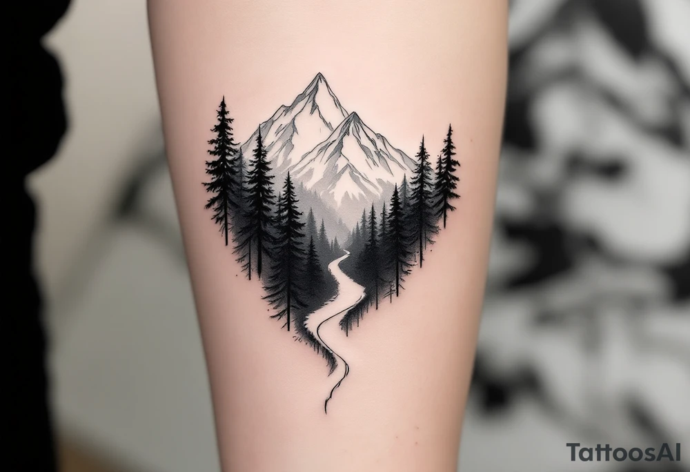 A minimalist design with a narrow path cutting through a dense forest, leading toward snow-capped mountains in the distance. The contrast between the dark woods (from Exile) and the snow-covered mountains (from Out of the Woods) shows the transition from hardship to hope. The path could be subtly winding, suggesting that the way forward is unclear, yet still leading to something more peaceful. tattoo idea