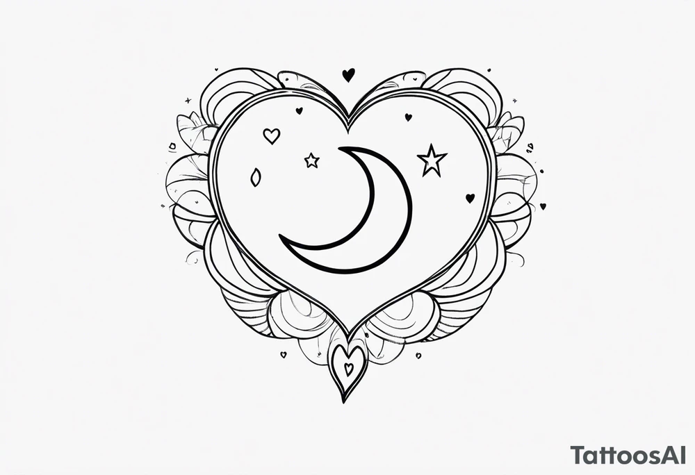 Crescent moon with a love heart inside it and 4 hearts dangling from it tattoo idea