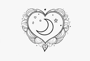 Crescent moon with a love heart inside it and 4 hearts dangling from it tattoo idea