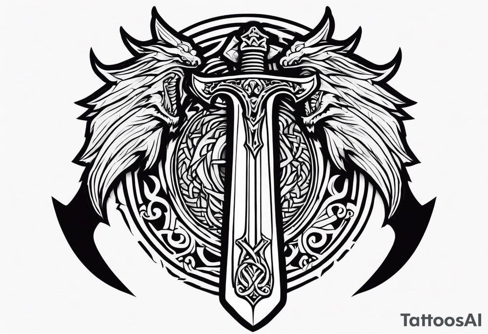 Valhalla sword shield dragon axe tattoo idea
