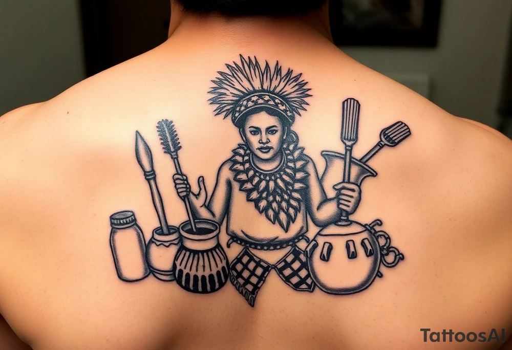 A picture of the lucayan people and things representing there culture in color tattoo idea