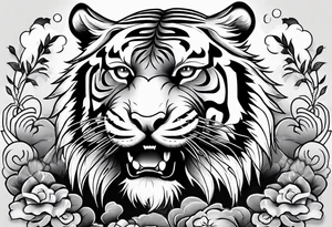 Asian style tiger for a forearm half sleeve, clouds tattoo idea