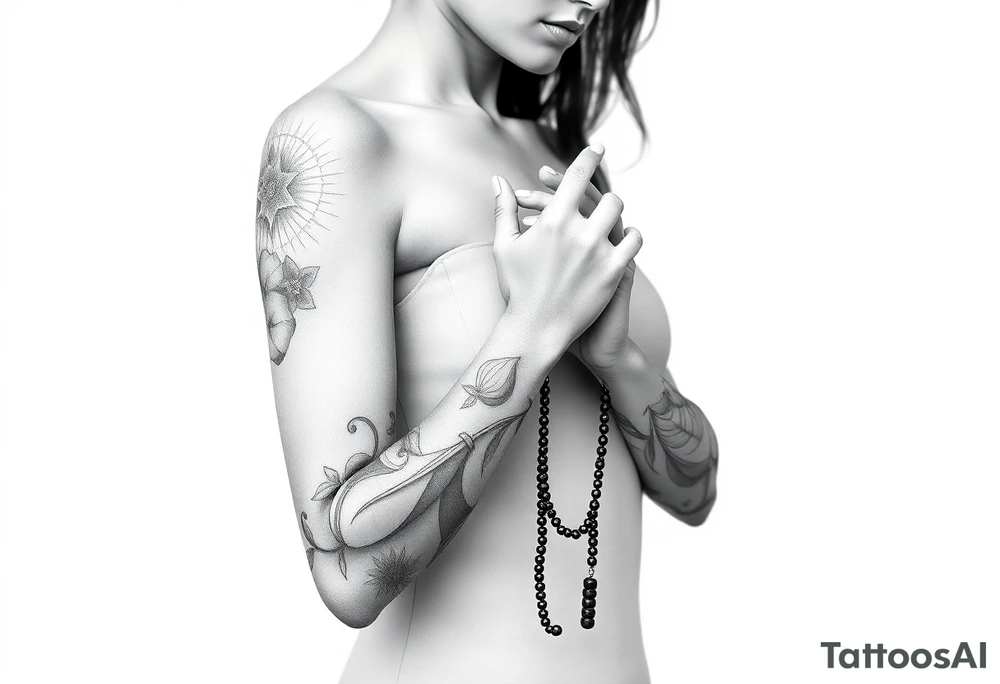 Woman praying with rosary tattoo idea