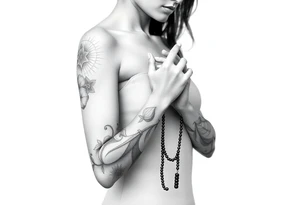 Woman praying with rosary tattoo idea
