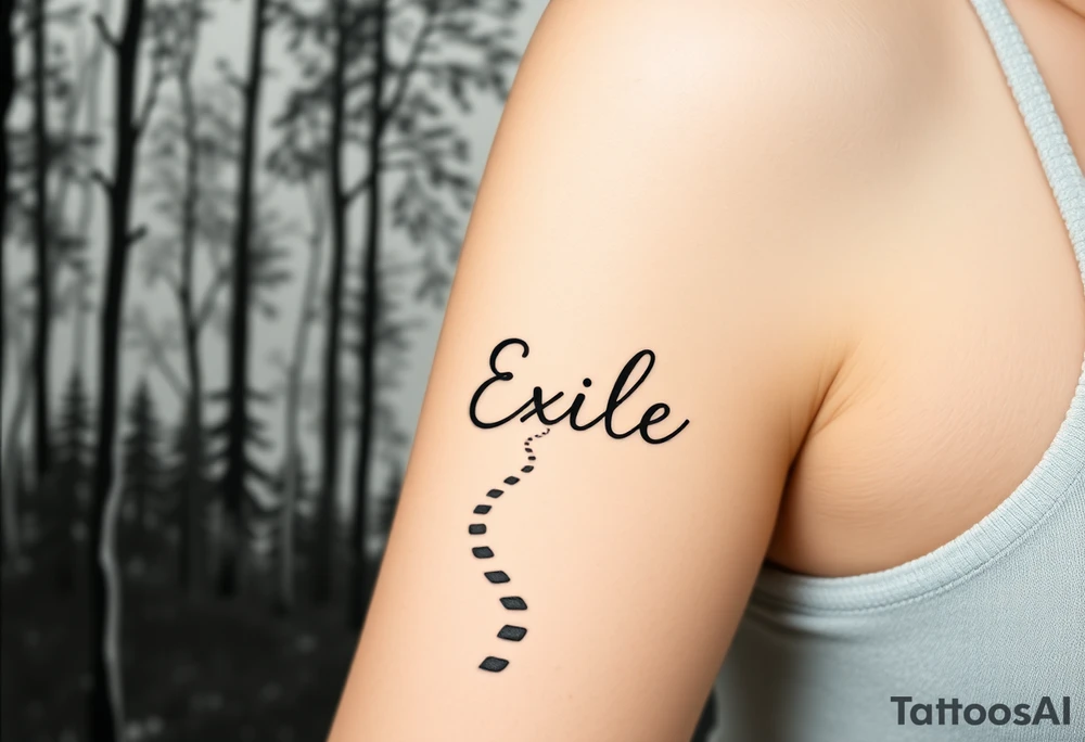 A path in the woods with mountains in the background. The word "Exile" blended in the drawing tattoo idea