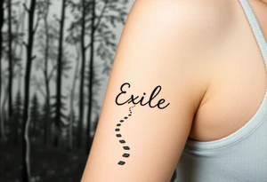 A path in the woods with mountains in the background. The word "Exile" blended in the drawing tattoo idea