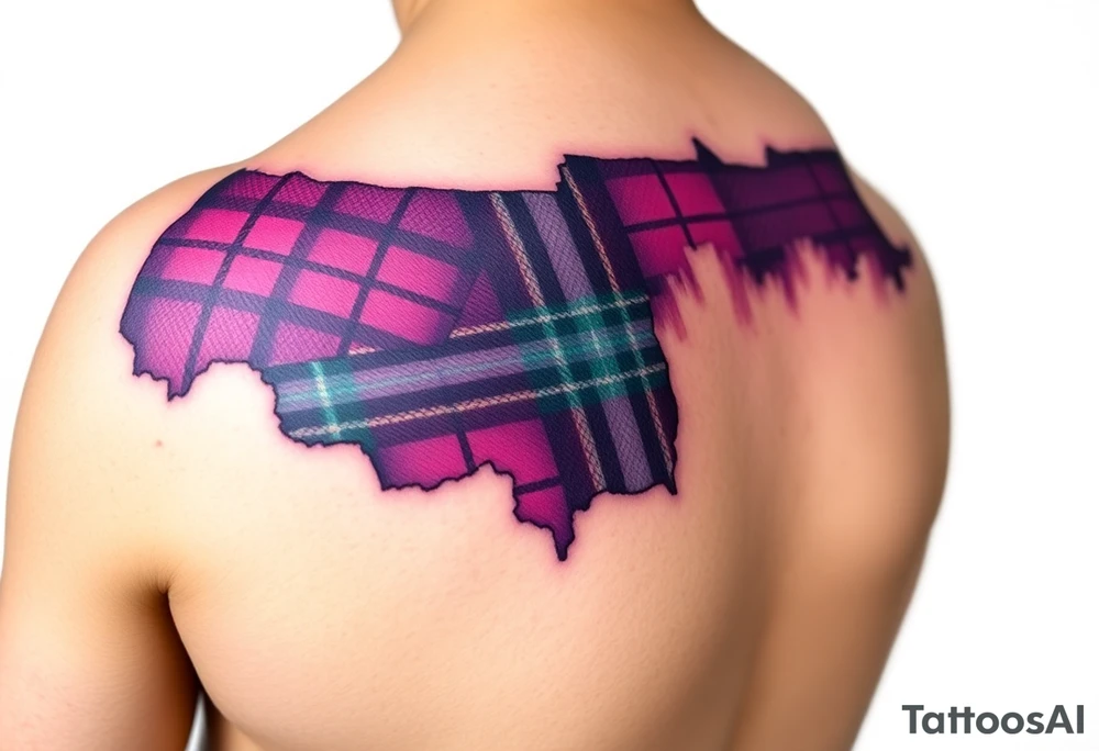 Side of arm Dark Purple with green pink blue and white highlights tartan fabric with skin peeling away at edges tattoo idea