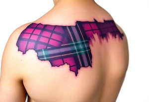 Side of arm Dark Purple with green pink blue and white highlights tartan fabric with skin peeling away at edges tattoo idea