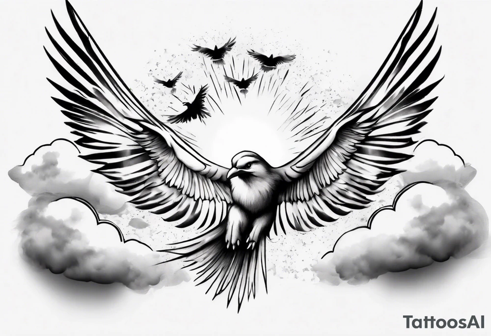a shoulder tattoo with lots of rays of light in gradient, clouds and birds flying free tattoo idea