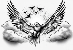 a shoulder tattoo with lots of rays of light in gradient, clouds and birds flying free tattoo idea