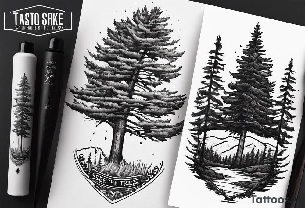 Tattoo with the words "see the forest for the trees" in any style font, around a tree in any way. black and white, tattoo, simple, elegant, pine tree, fine-line tattoo idea