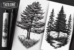 Tattoo with the words "see the forest for the trees" in any style font, around a tree in any way. black and white, tattoo, simple, elegant, pine tree, fine-line tattoo idea