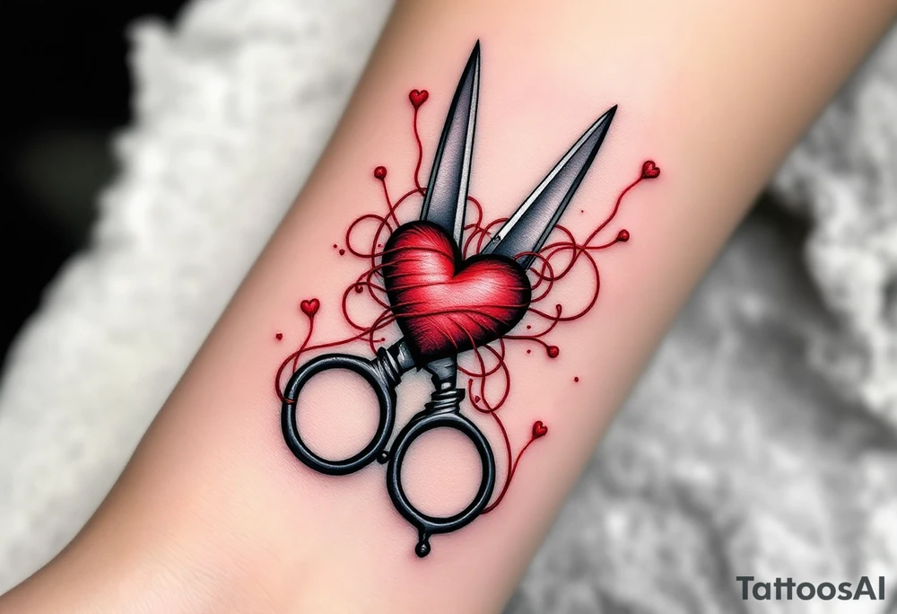Scissors and Thread Tattoo – A pair of scissors cutting through red thread, with the thread flowing and forming into a heart, symbolizing love and the connection between people. The red stands out against dark gray scissors. tattoo idea