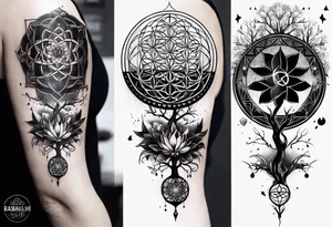 sleeve tattoo for women with symbols of sacred geometry: metatron's cube, flower of life, kabbalah tree of life tattoo idea