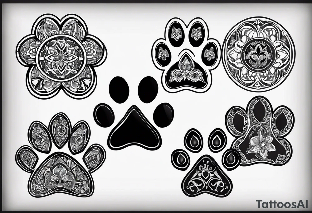 four dog paws with dark background connecting them, individual and disconnected tribal heart far above all four paws and no dark background tattoo idea