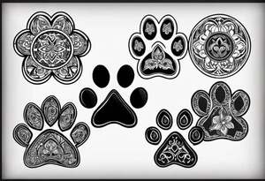 four dog paws with dark background connecting them, individual and disconnected tribal heart far above all four paws and no dark background tattoo idea