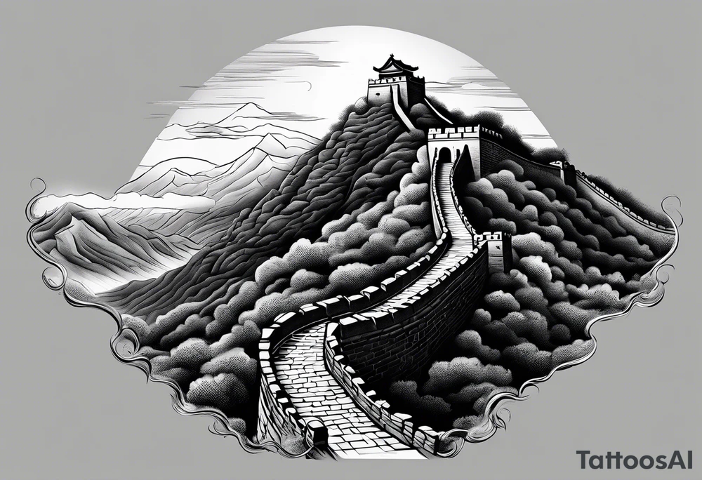 Great Chinese wall, realistic, art, gezeichnet, fine line, black and grey tattoo idea