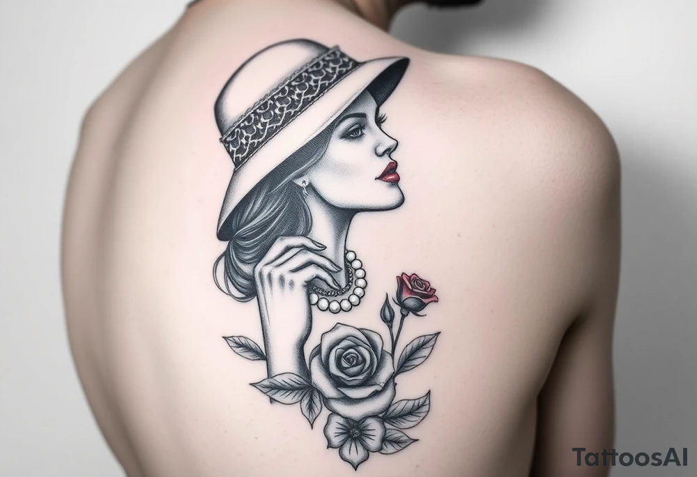 Black and white profile of woman with chin pressed on hand, hat with lace covering her eyes as she looks to the distance
, pearl necklace in her mouth with red lips flowers around her with one red rose standing out thigh tattoo tattoo idea