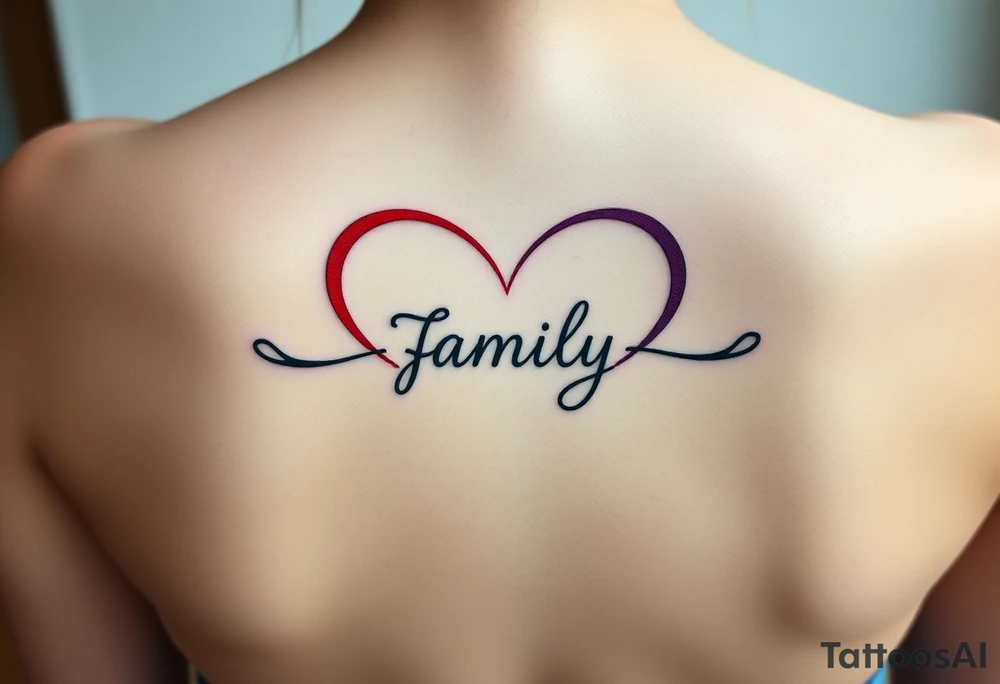 Colorful heart-shaped infinity loop endings, and the word "family" elegantly placed at the center in a soft script tattoo idea