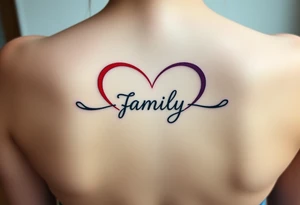Colorful heart-shaped infinity loop endings, and the word "family" elegantly placed at the center in a soft script tattoo idea