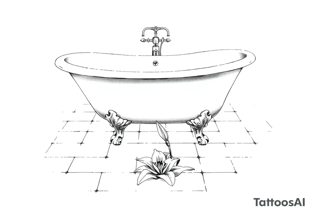 Clawfoot bathtub on tile floor with lily coming up from floor tattoo idea