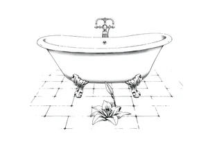 Clawfoot bathtub on tile floor with lily coming up from floor tattoo idea