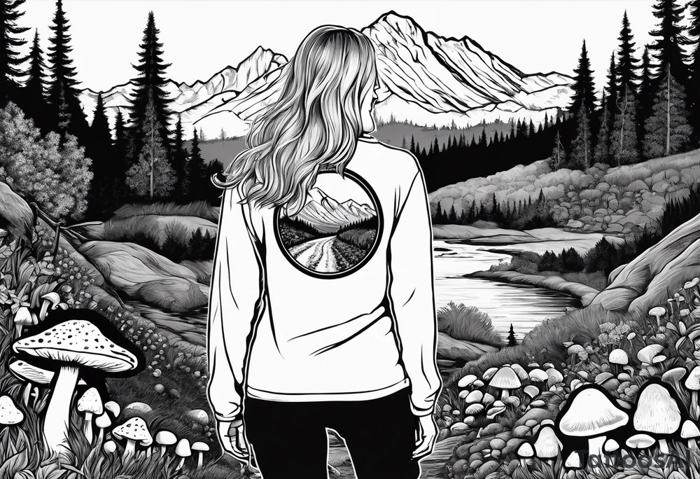 Whole picture encircled fully

Straight long blonde hair hippie girl in distance holding mushrooms in hand facing away toward mountains and creek surrounded by mushrooms long sleeve shirt and hiking pants; whole rendering within a full circle, no cut off circle tattoo idea