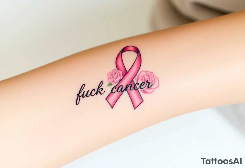 Pretty pink Cancer ribbon that says "fuck cancer"with 3 light pink roses tattoo idea