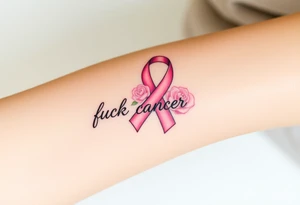 Pretty pink Cancer ribbon that says "fuck cancer"with 3 light pink roses tattoo idea