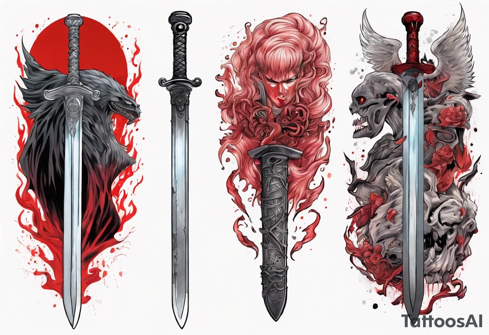 guts from berserk, griffith from berserk, busker sword, curse mark, red glowing elements, neotraditional style sleeve tattoo idea
