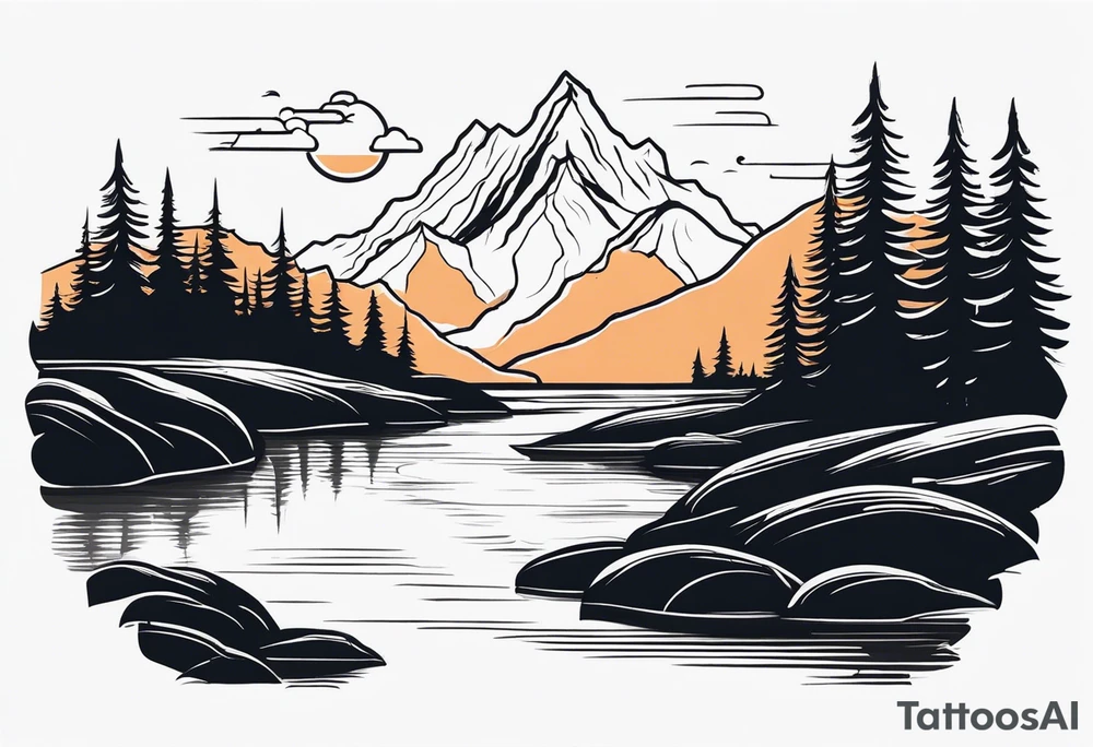 Mountain scene with a river with a subtle peace sign. Use IT IS WELL written in the scene tattoo idea