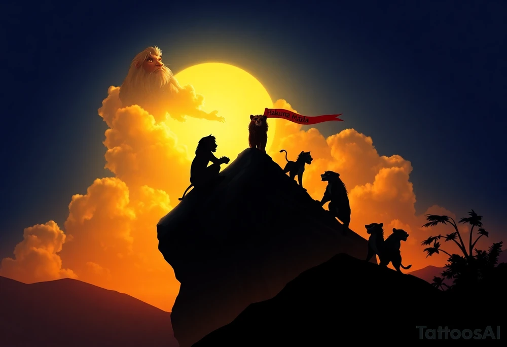 Top of the Shoulder (Crown Area):
* Mufasa in the clouds, majestic and wise, watching over everything below. Use soft shading and glowing edges to symbolize his spiritual presence.
Upper Arm (Bicep):
* Rafiki holding baby Simba up on Pride Rock. This can be the emotional centerpiece. Include sun rays breaking through clouds to give it a divine feel.
Mid Arm (Outer Bicep/Tricep):
* Scar lurking in the shadows with the three hyenas (Shenzi, Banzai, and Ed) around him, showing contrast between good and evil.
* Let the shading here be darker and more dramatic.
Inner Arm (Bicep):
* Timon and Pumbaa dancing or lounging, maybe with a small “Hakuna Matata” banner swirling above them. Their playfulness adds lightness and humor.
Forearm (Outer):
* Adult Simba and Nala side by side, looking into the distance, symbolizing growth, strength, and love.
* Behind them, a silhouette of the jungle or Pride Rock at sunset.
Forearm (Inner):
* Zazu flying mid-flight, trailing a scroll or message banner, maybe with a meaningful quote from the movie like: "Remember who you are."
Wrist/Wrap Around:
* Pawprints going around your wrist, fading out like Simba’s journey.
* Maybe a small Rafiki-drawn version of Simba’s symbol from the cave. tattoo idea