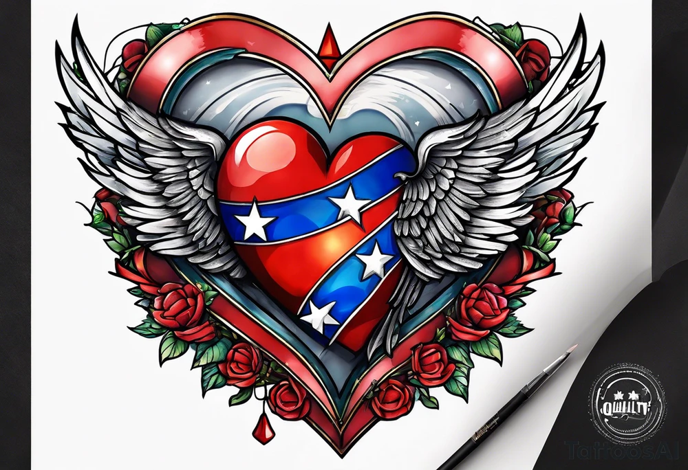 Flag inside of a heart with wings tattoo idea
