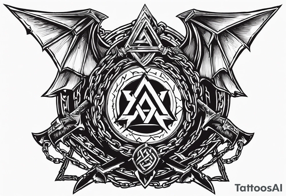 Valhalla sword shield dragon axe Valknut barbed wire chains tattoo idea Valhalla sword shield dragon axe Valknut barbed wire chains tattoo idea