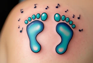 Turquoise and soft violet footprints of Petr, surrounded by little music notes that reflect his lively and joyful spirit. tattoo idea
