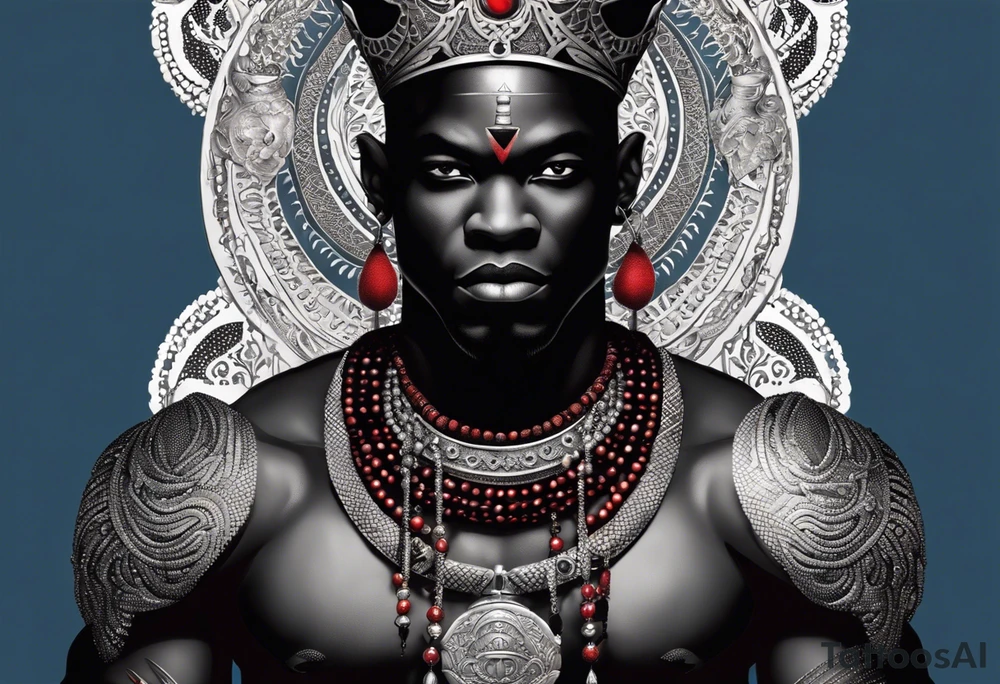 An african god, a bald black-skinned warrior, that uses a sword and a silver crown. He also uses blue and red necklaces tattoo idea